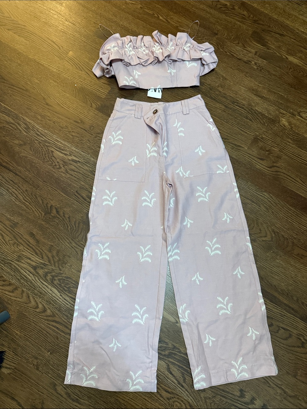 Two-Piece pink Embroidered Crop Top & Wide Leg Pants Set